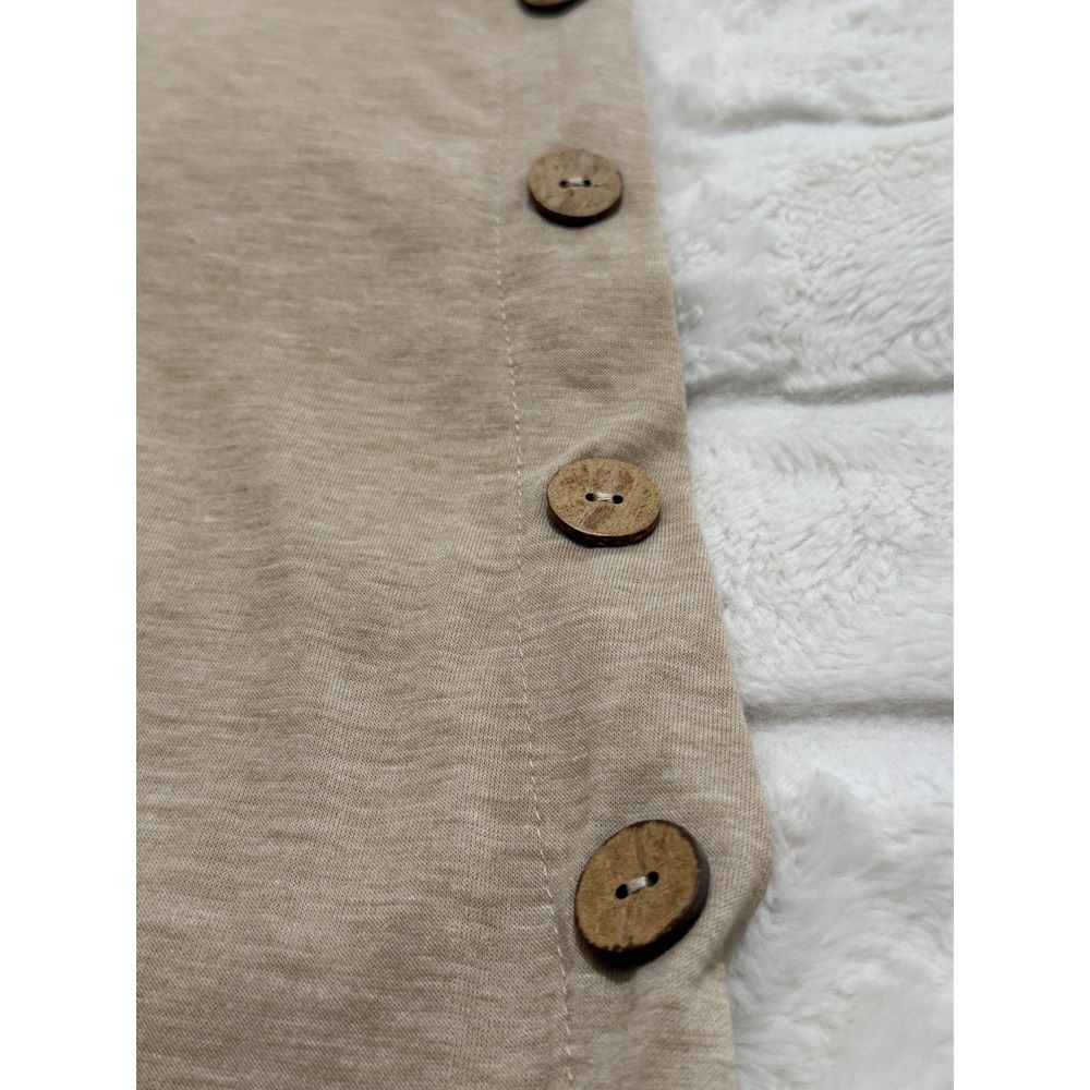 42Pops S Beige Side Button Tunic Top Short Sleeve High Low Hem Stretch Casual - Picture 6 of 8